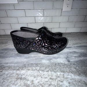 Dansko Black and Purple Floral Clogs 8.5